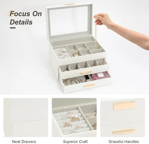 Vista 3 de V-LAFUY Joyero con tapa de vidrio, caja organizadora de joyas de 3 capas y 2 cajones, vitrina de joyería, organizador de joyas, cajas de joyería