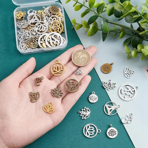 Vista 3 de SUNNYCLUE 1 caja 68 dijes de loto para yoga, flor de loto, dije hueco OM Yoga Chakra Energía Dijes planos redondos para hacer joyas, collares