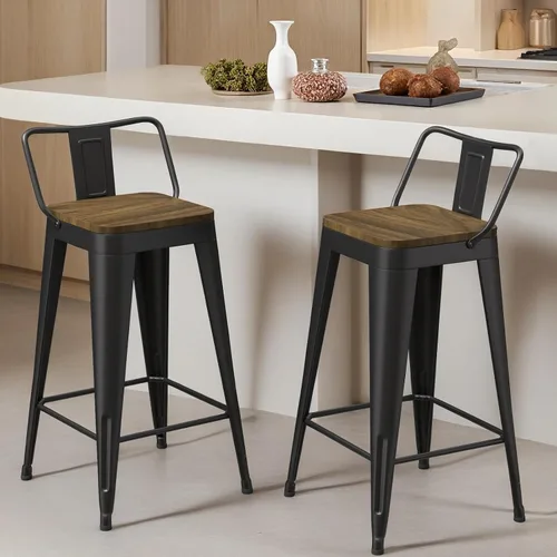 Vista 11 de Juego de 4 taburetes de bar de metal, taburetes de bar con respaldo alto con asiento de madera, taburetes de bar negros de 24 pulgadas para isla