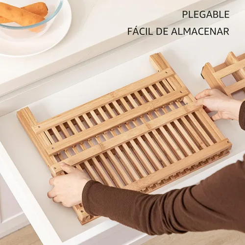 Vista 4 de HBlife Escurreplatos de Bambú, Plegable de 2 Niveles, Collapsible, con Soporte para Utensilios de Cocina