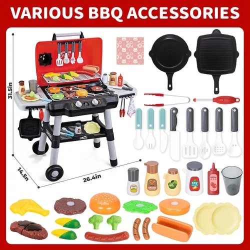Vista 7 de Juguetes de cocina para niños, juego de parrilla de barbacoa para niños con humo, sonido y luz, juguete de barbacoa de 2 niveles con rueda, juguetes