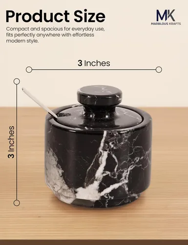 Vista 3 de MARBLOUS KRAFTS Salero de Mármol con Tapa y Cuchara 3" Caja de Sal Navideña Escamosa Cebra Negra para Regalo, Juego Pequeño Moderno de 2