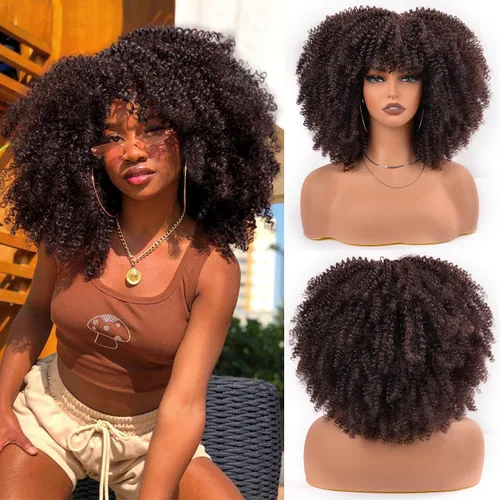 Vista 13 de Vitorish Peluca corta afro rizada con flequillo para mujeres negras, peluca sintética resistente al calor, color negro natural, para uso diario