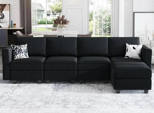Vista 16 de Belffin Sofá modular en forma de U con tumbonas reversibles, de terciopelo, con asiento de almacenamiento, color negro