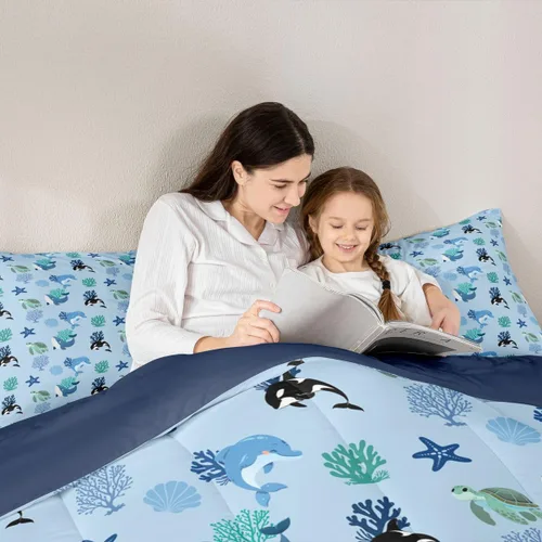 Vista 6 de Erosebridal Blue Ocean - Juego de edredón tamaño individual Juego de ropa de cama de ballena delfín y tortuga marina para niños y niñas, juego