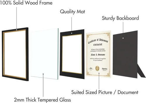 Vista 6 de Marco de diploma de 11 x 14 grados, madera maciza, vidrio inastillable para documentos, marco dorado negro de 8.5 x 11 pulgadas con paspartú