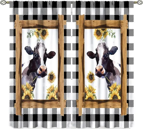 Vista 9 de Cortinas de vaca de animales de granja, ventana con estampado de girasol y vida silvestre del oeste para dormitorio, bolsillo para barra de madera