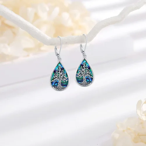 Vista 205 de Aretes colgantes de plata de ley con diseño de árbol de la vida, flor, abeja, animales, gato, colibrí, piedra lunar, turquesa, aretes con cierre