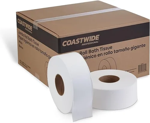 Vista 6 de Coastwide Papel higiénico profesional reciclado jumbo, 2 capas, blanco, 1000 pies/rollo, 6 rollos/caja