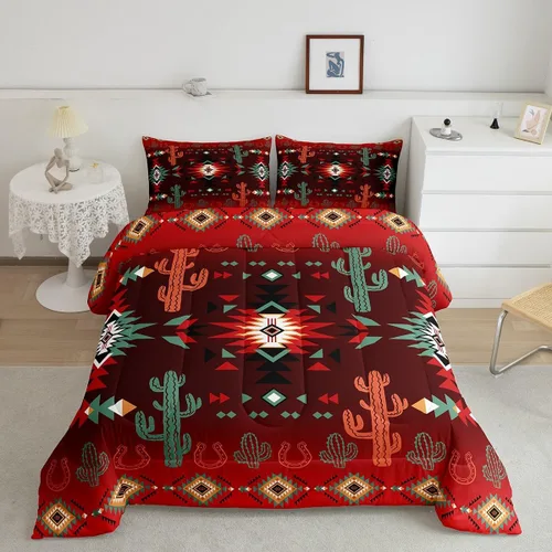 Vista 45 de Manfei Juego de edredón geométrico azteca, tamaño individual, juego de ropa de cama de cactus, vaquera occidental, decoración de habitación de niños