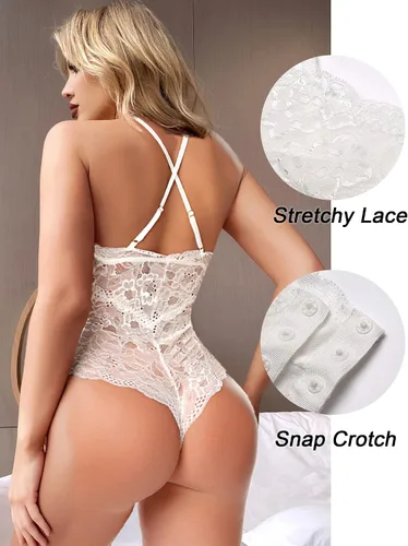 Vista 4 de Avidlove - Lencería sexy de encaje tipo body de una pieza con escote en V profundo