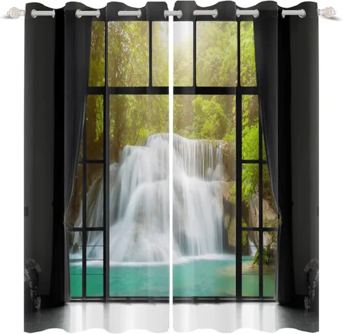 Vista 11 de Renaiss Cortinas opacas con cascada, diseño de bosque profundo, con aislamiento térmico, para dormitorio, árboles, estanques, piedras, para sala