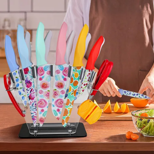 Vista 3 de G.a HOMEFAVOR Juego de cuchillos para cocina, 16 cuchillos de cocina de hoja con revestimiento antiadherente de acero inoxidable con soporte