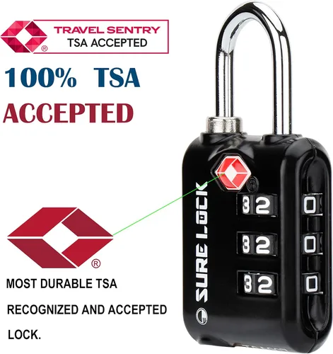 Vista 2 de SURE LOCK Cerraduras de equipaje de 3 dígitos aprobadas por la TSA con cuerpo de aleación de zinc y grillete de acero endurecido para bloquear