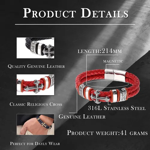 Vista 6 de Raymard Pulsera de cuero de doble fila cristiana para hombre - negrorojodorado y azul marino trenzado pulsera para hombres
