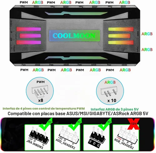 Vista 6 de Integrador de controlador ARGB de ventilador de PC, adaptador de cambio de luz ARGB de control remoto, 8 puertos de controlador de velocidad de Negro