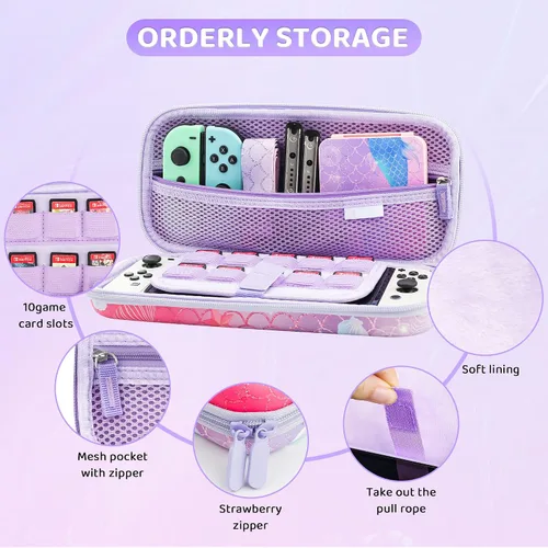 Vista 2 de RHOTALL Nintendo Switch OLED Cover, Hard Portable Travel Case for Switch Game Accessories with Purple Game Case and 2 Thumb Caps - Fish