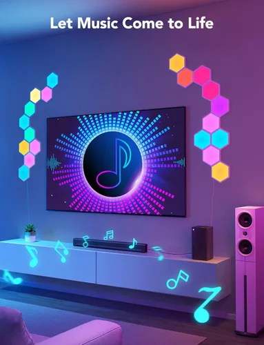 Vista 6 de NIUCOO Paneles de pared con luces LED hexagonales, luces RGB inteligentes para juegos con aplicación y sincronización de música, azulejos