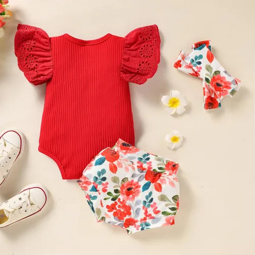 Vista 6 de ZOELNIC Ropa de bebé niña, mameluco de encaje con volantes de verano para recién nacido + pantalones cortos florales, 3 piezas, sesión de fotos