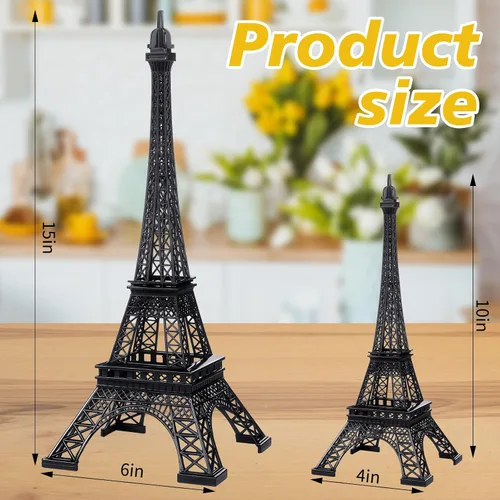 Vista 2 de DoubleFill Estatua de la Torre Eiffel de metal de 10 y 15 pulgadas, modelo de torre Eiffel, decoración temática de Pari con 2 cuerdas de luz