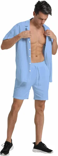 Vista 34 de RPOVIG Conjunto corto de camisa de lino: conjunto casual de 2 piezas con botones para hombre