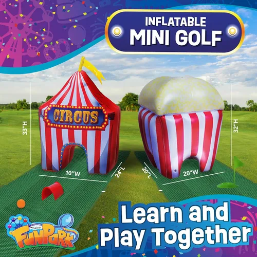 Vista 8 de FunPark - Juego de minigolf inflable – Campo de 13 piezas con palos ajustables, pelotas, copas de putting, tapetes verdes y obstáculos temáticos