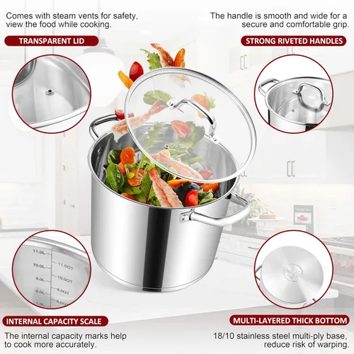 Vista 3 de Herogo Olla de acero inoxidable 18/10 de 12 cuartos de galón con tapa, olla grande y resistente compatible con cocinas eléctricas, de gas