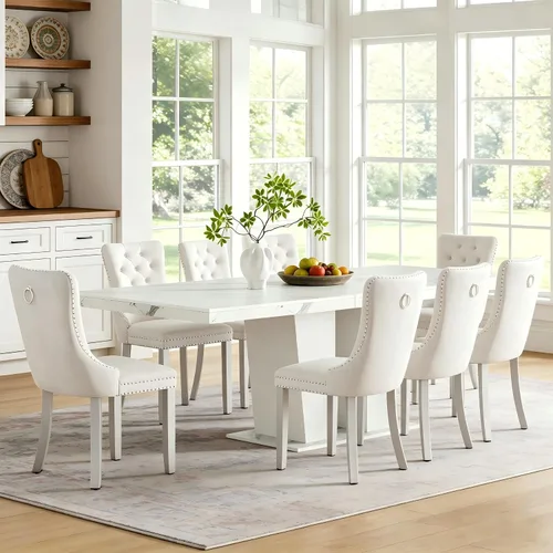 Vista 65 de Mesa de comedor extensible de 78.74 pulgadas para 6 8 y 10 pulgadas, moderna mesa de comedor extensible de granja con base de doble pedestal, mesa