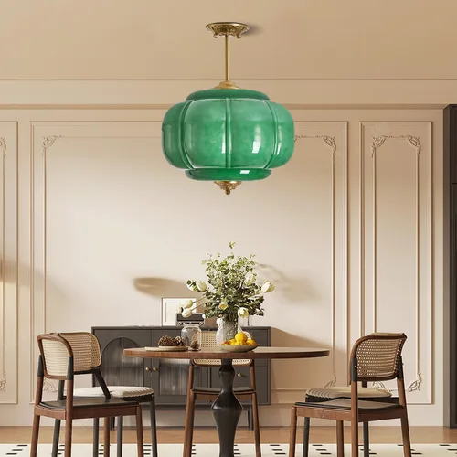 Vista 5 de Lámpara de techo de cristal de leche verde, lámpara colgante de calabaza vintage de 15 pulgadas con accesorio de latón antiguo, lámpara colgante