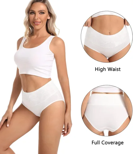 Vista 2 de HAVVIS - Ropa interior de cintura alta y de algodón para mujer, que disimula la barriga, jacquard con rosas, paquete múltiple