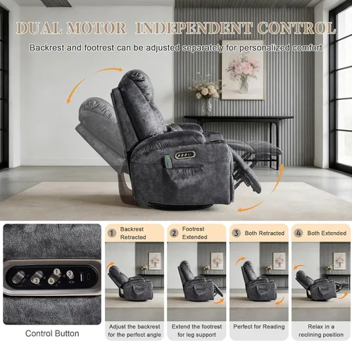Vista 3 de AHMED Silla reclinable giratoria de doble motor con masaje y calor, mecedoras eléctricas con portavasos, luces LED, puertos USB A/USB C para sala