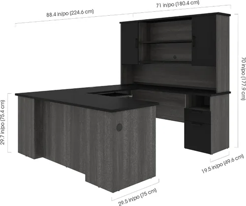 Vista 3 de Bestar Escritorio ejecutivo en forma de U o L con gabinete, negro y gris