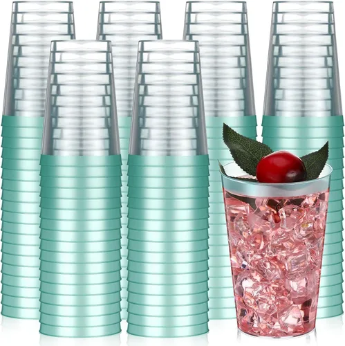 Vista 12 de Patelai 100 piezas de vasos de plástico verdes de 12 onzas, vasos de plástico con borde verde resistentes, vasos desechables para vino, vasos
