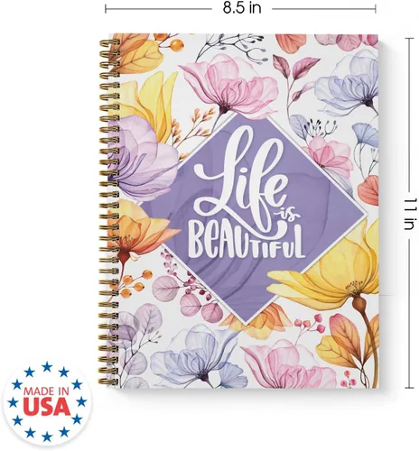 Vista 3 de Life is Beautiful - Cuaderno floral en espiral, diario de 8.5 x 11 pulgadas, 120 páginas con rayas universitarias, tapa blanda laminada brillante