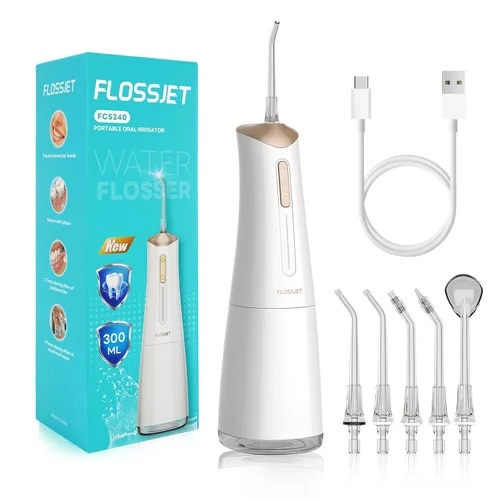 Vista 7 de FlossJet Irrigador bucal inalámbrico con 10.1 fl oz, 5 puntas, 4 modos, USB, cargador portátil, limpiador de riego IPX7, irrigador eléctrico dental