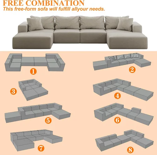 Vista 3 de Sofá modular de gran tamaño de 162 pulgadas, moderno sofá modular tapizado en forma de L de felpilla con 6 almohadas, combinación gratuita de sofá