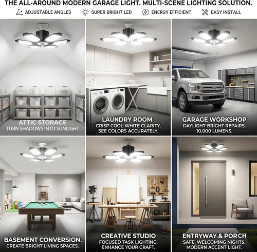 Vista 6 de Bombilla LED para garaje AYSEMO de 15000 lm - Luces LED de techo ajustables en 360° con 6+1 paneles deformables, 6500 K de luz diurna, base