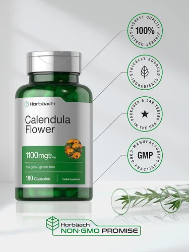 Vista 5 de Horbäach Cápsulas de flores de caléndula 180 unidades Extracto de caléndula Suplemento herbario sin OMG, sin gluten
