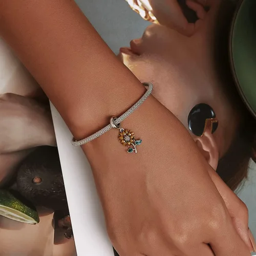Vista 6 de Dije de girasol de plata de ley 925, dije de rosa con dije de amor, dije de cumpleaños para pulsera Pandora