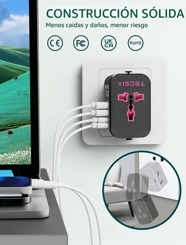 Vista 9 de Adaptador de viaje universal en todo el mundo, adaptador de enchufe de viaje europeo con 2 USB C, 2 USB A y múltiples salidas de CA, convertidor