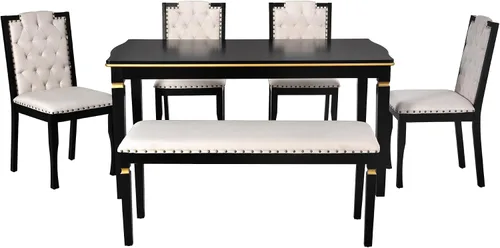Vista 8 de Harper & Bright Designs 6-Piece Solid Wood Kitchen Dining Table Set, 60" Rectangular Table with 4 High-Back Tufted Upholstered Chairs & 1 Bench for
