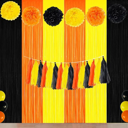 Vista 6 de Decoraciones de Fiesta de Cumpleaños de Construcción, Telón de Fondo de Flecos de Aluminio Naranja Negro Amarillo, Decoraciones de Fiesta de Camión