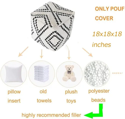 Vista 3 de MOCOFO Funda cuadrada decorativa para puf para dormitorio, estilo bohemio, de algodón, sin relleno, puf (diamante negro, 18 x 18 x 18 pulgadas)