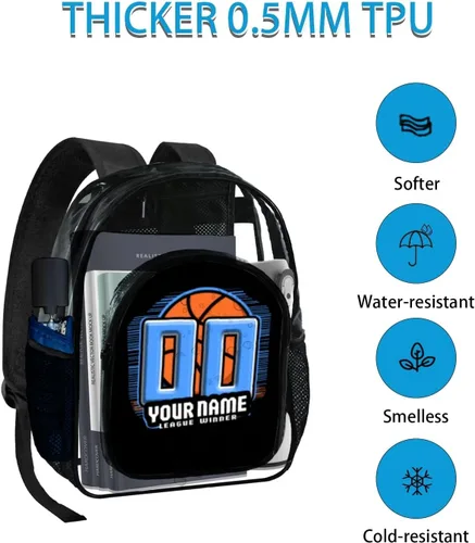 Vista 3 de Mochila transparente para niños y niños, bolsa de baloncesto personalizada de 17 pulgadas para escuela, viajes, gimnasio, Negro -, Grande
