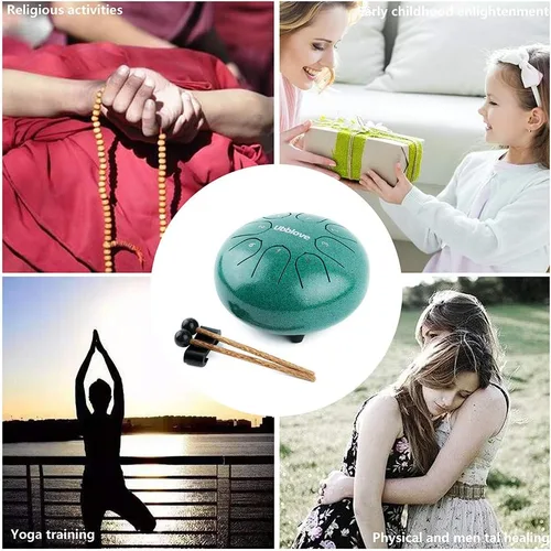 Vista 6 de Ubblove Tambor de lengua de acero para niños: 8 notas de 6 pulgadas clave de C Metal Steel Drums Instrumento con bolsa para meditación, yoga, Verde