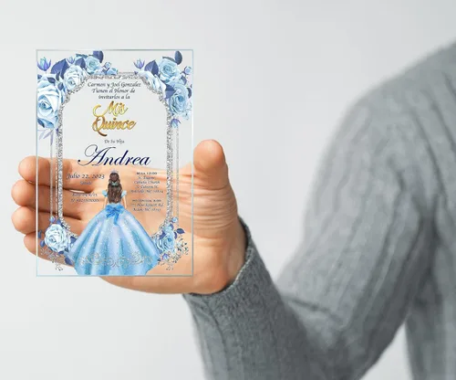 Vista 3 de Avior Invitación de Quinceañera Vestido Azul Bebé Invitación de Vidrio Acrílico, Mis Membrillo, Dulce 15, Dulce 16, Diseño Floral, XV Años, 15 años