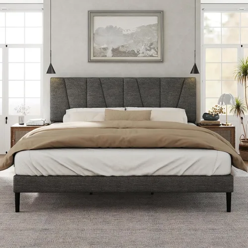 Vista 9 de HAOARA Marco de cama tamaño completo con cabecera tapizada en tela, cama plataforma con soporte de listones de madera, base de colchón completa