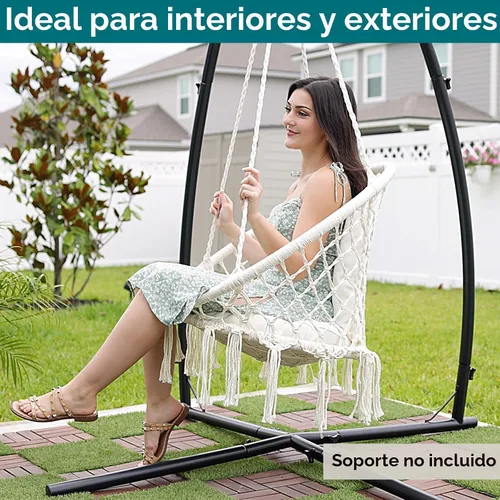 Vista 5 de JoyView Silla Hamaca de Macramé Colgante Máx. 330 Libras con 2 Cojines y Kits de Herrajes para Interior Exterior Dormitorio Patio Jardín - Beige