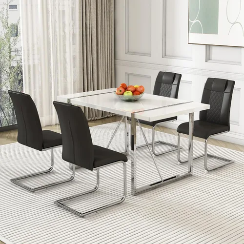Vista 3 de Juego de mesa de comedor para 4, juego de mesa de cocina rectangular de MDF blanco con sillas de comedor de cuero, juego de 4, juego de mesa