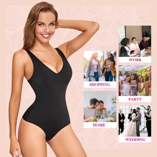 Vista 5 de Nebility Entrenador de cintura para mujer faja moldeadora de cuerpo sexy cuello en V profundo tanga con control de abdomen